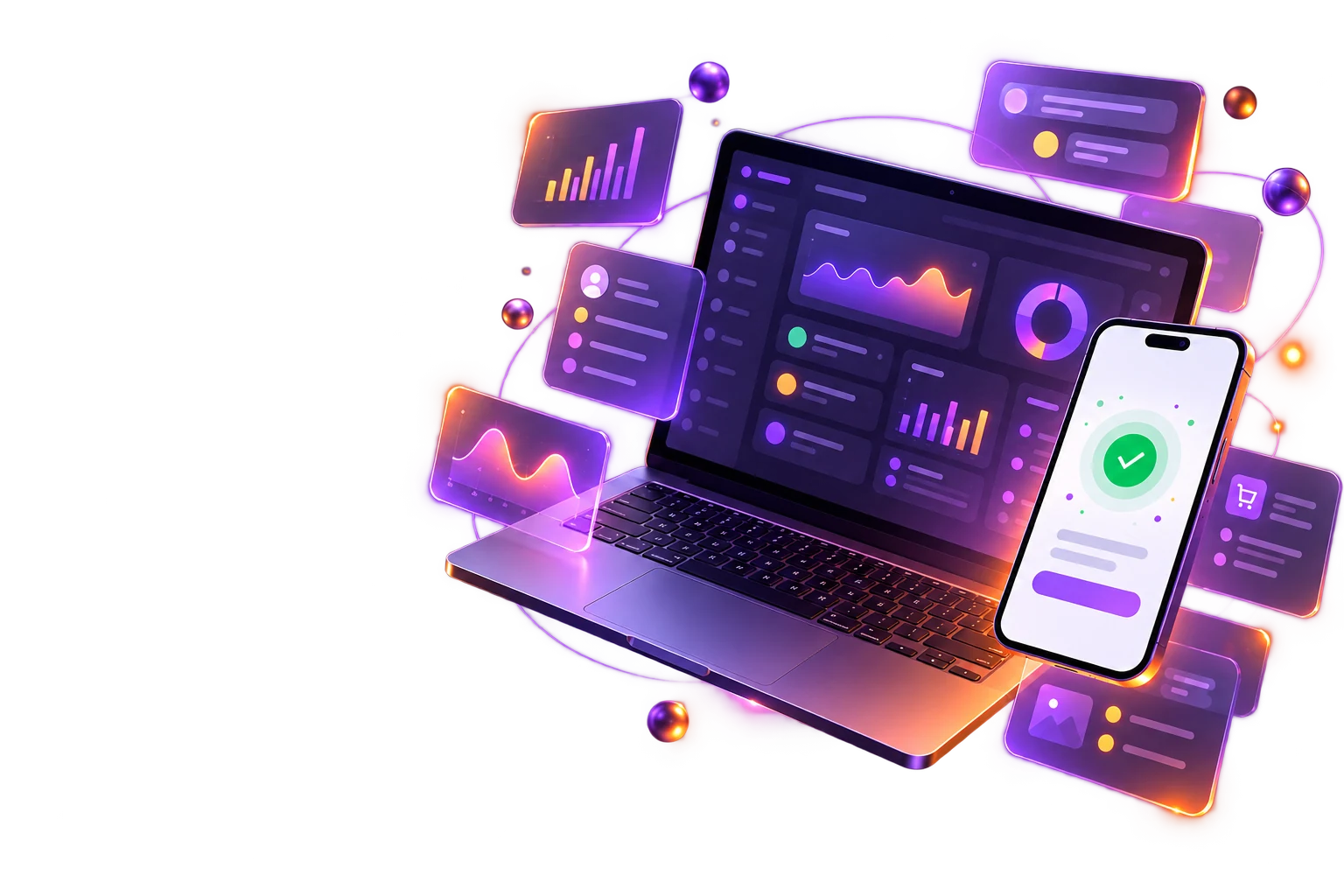 Dashboard, mobile app and floating interface panels illustrating web apps and SaaS products