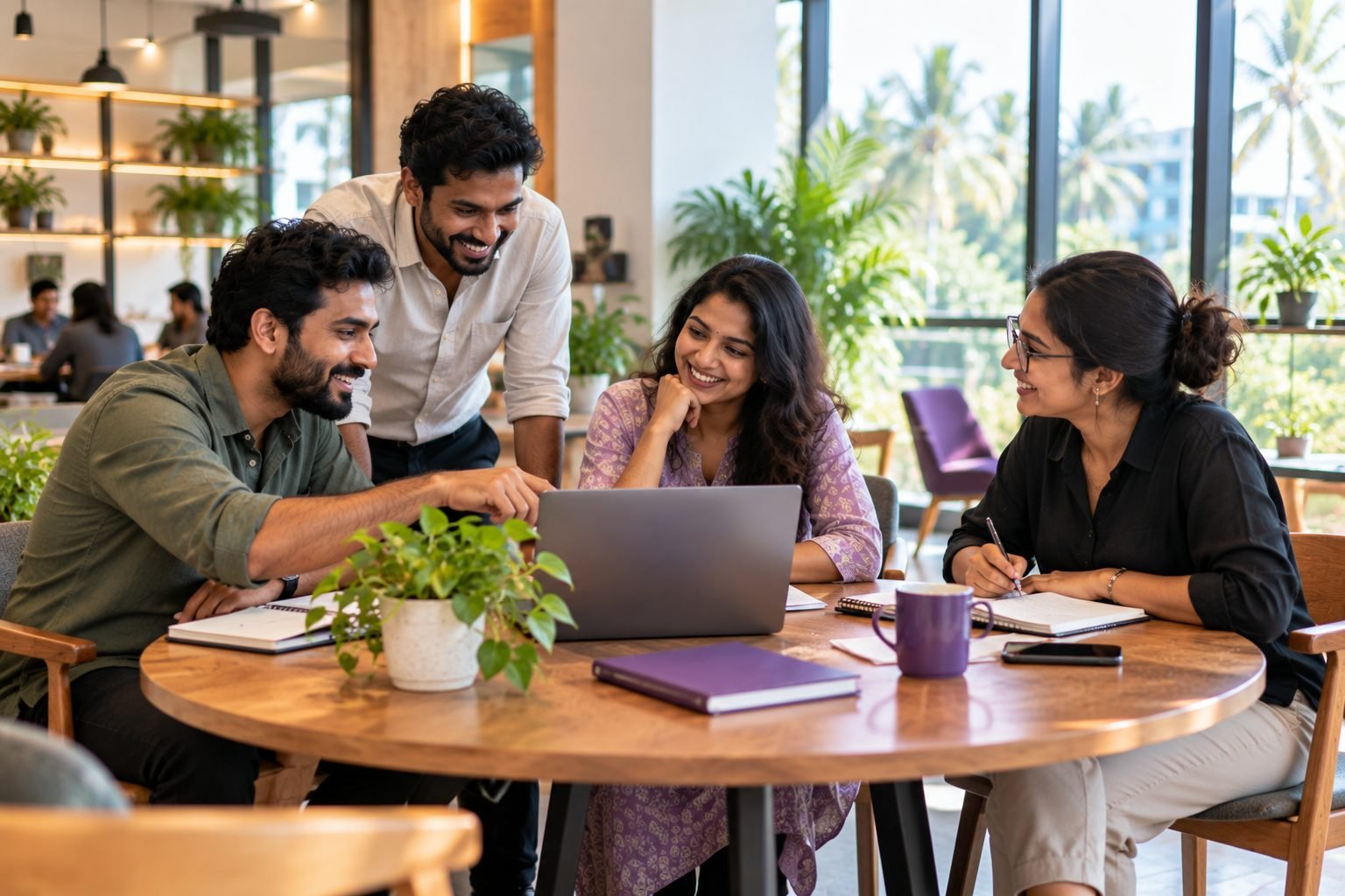Colleagues collaborating around a laptop at a round table in a bright co-working space