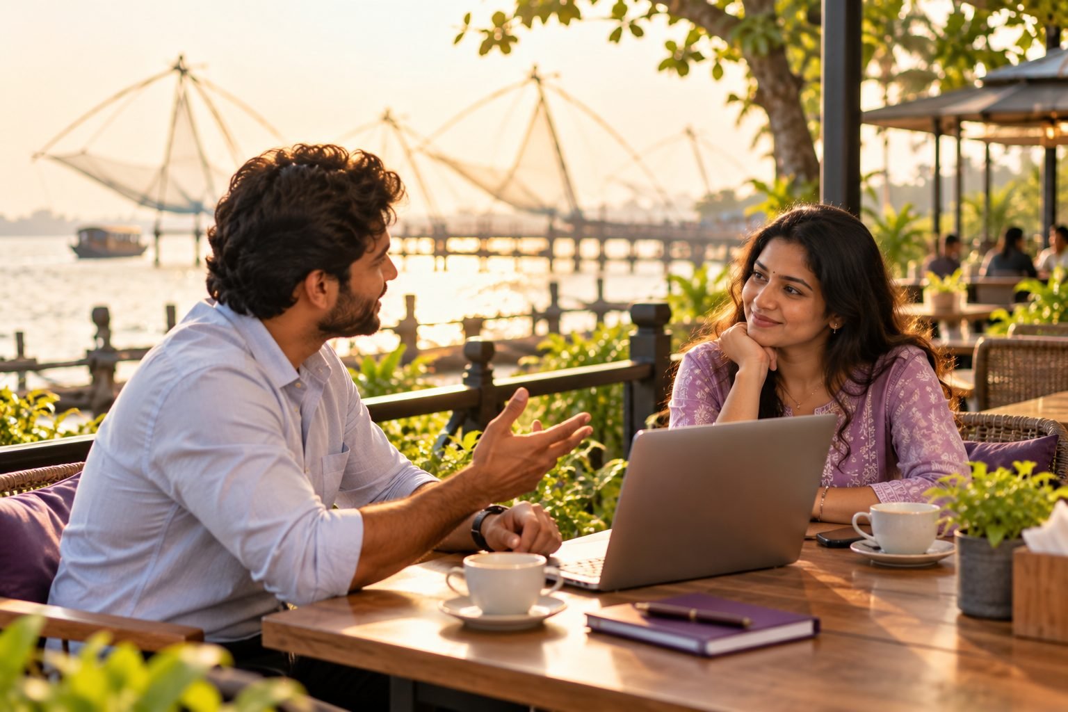 Two professionals talking over coffee at a waterfront cafe with Chinese fishing nets in the background