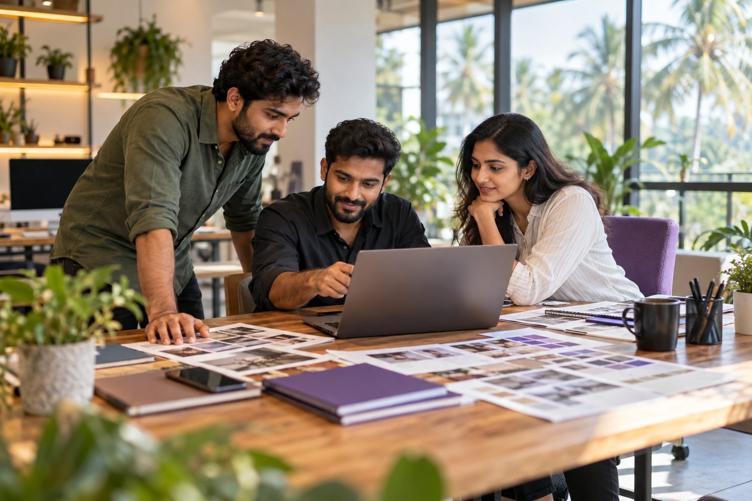 Colleagues reviewing a website design and brand mood boards in a bright studio