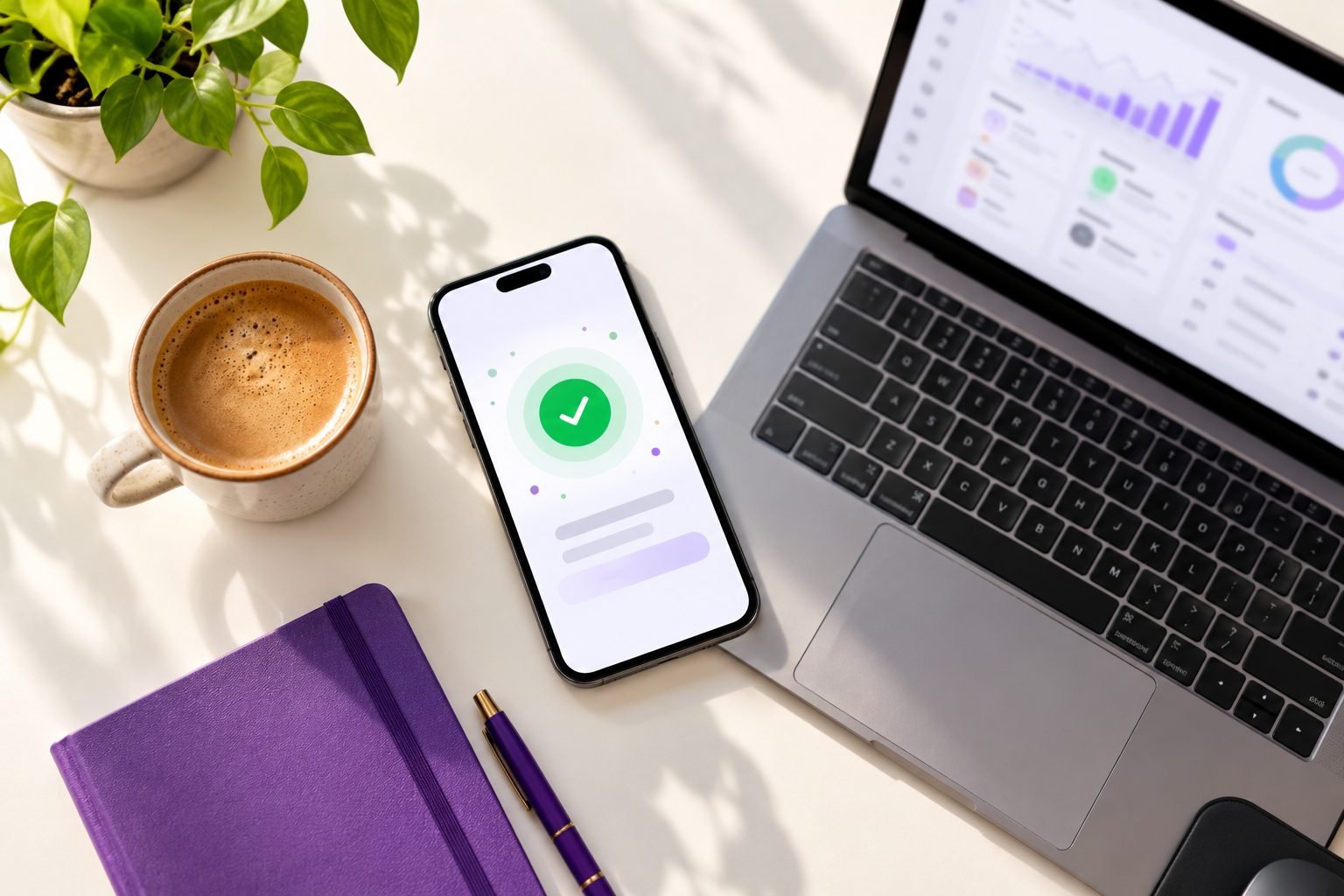 A phone showing a payment success screen next to a laptop with a dashboard, a coffee and a notebook