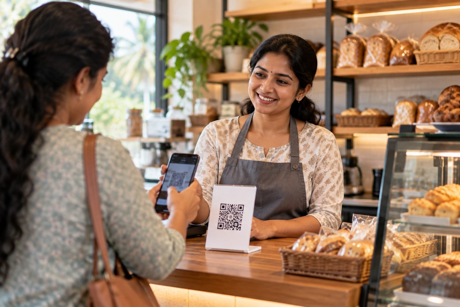 A customer paying by scanning a QR code at a bakery counter