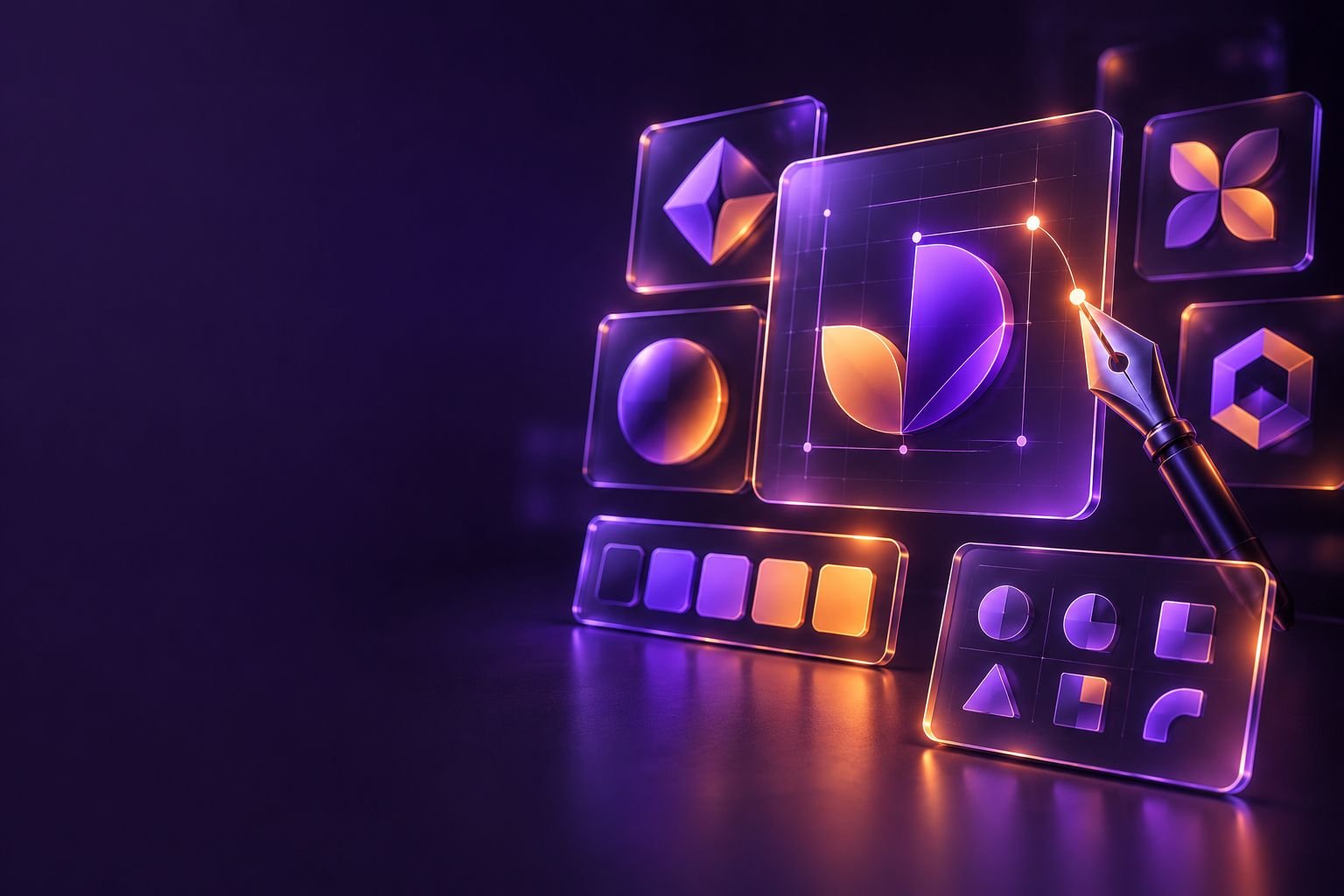 Glass tiles with abstract logo shapes, colour swatches and a pen tool