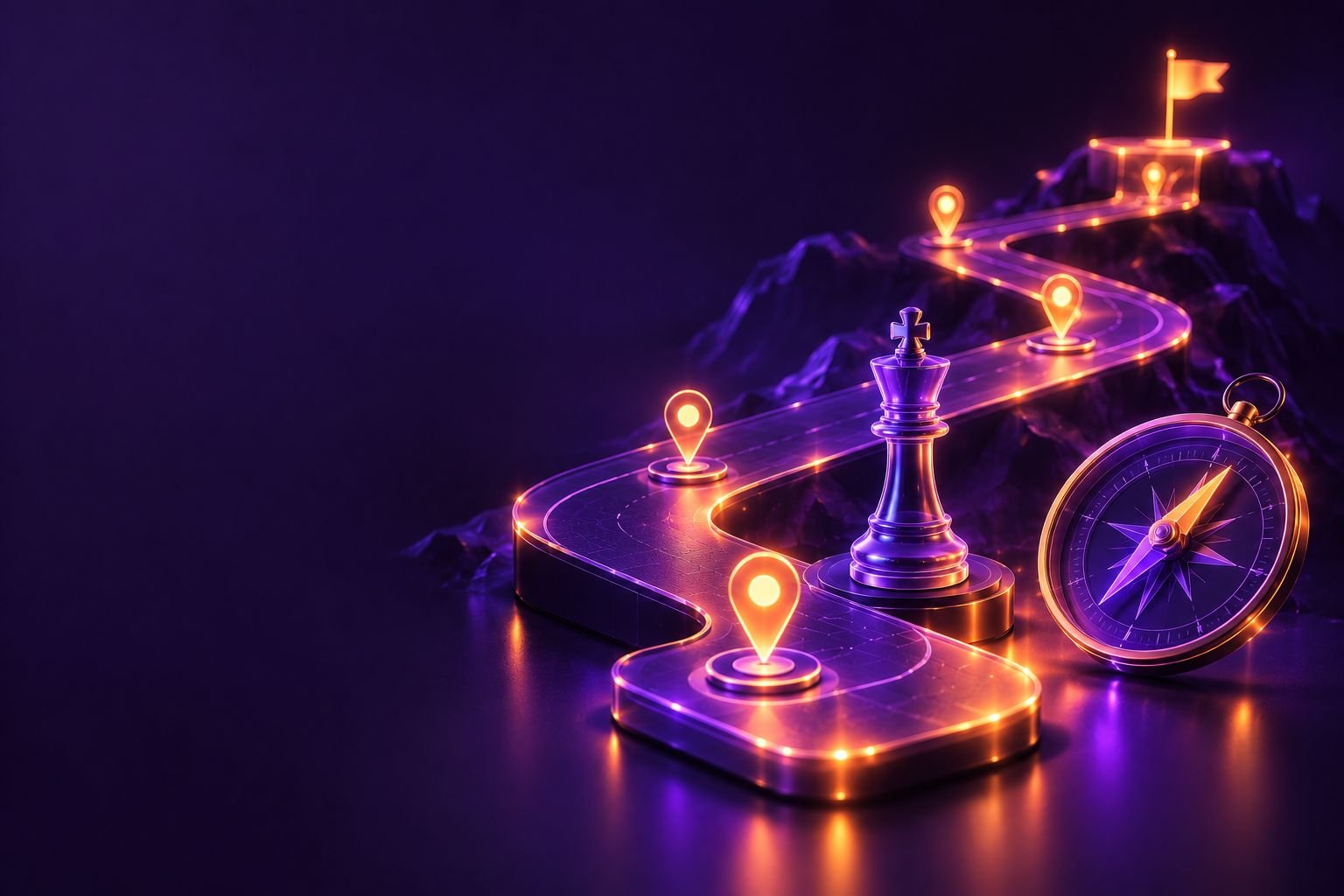 Strategy roadmap with milestones, a chess piece and a compass