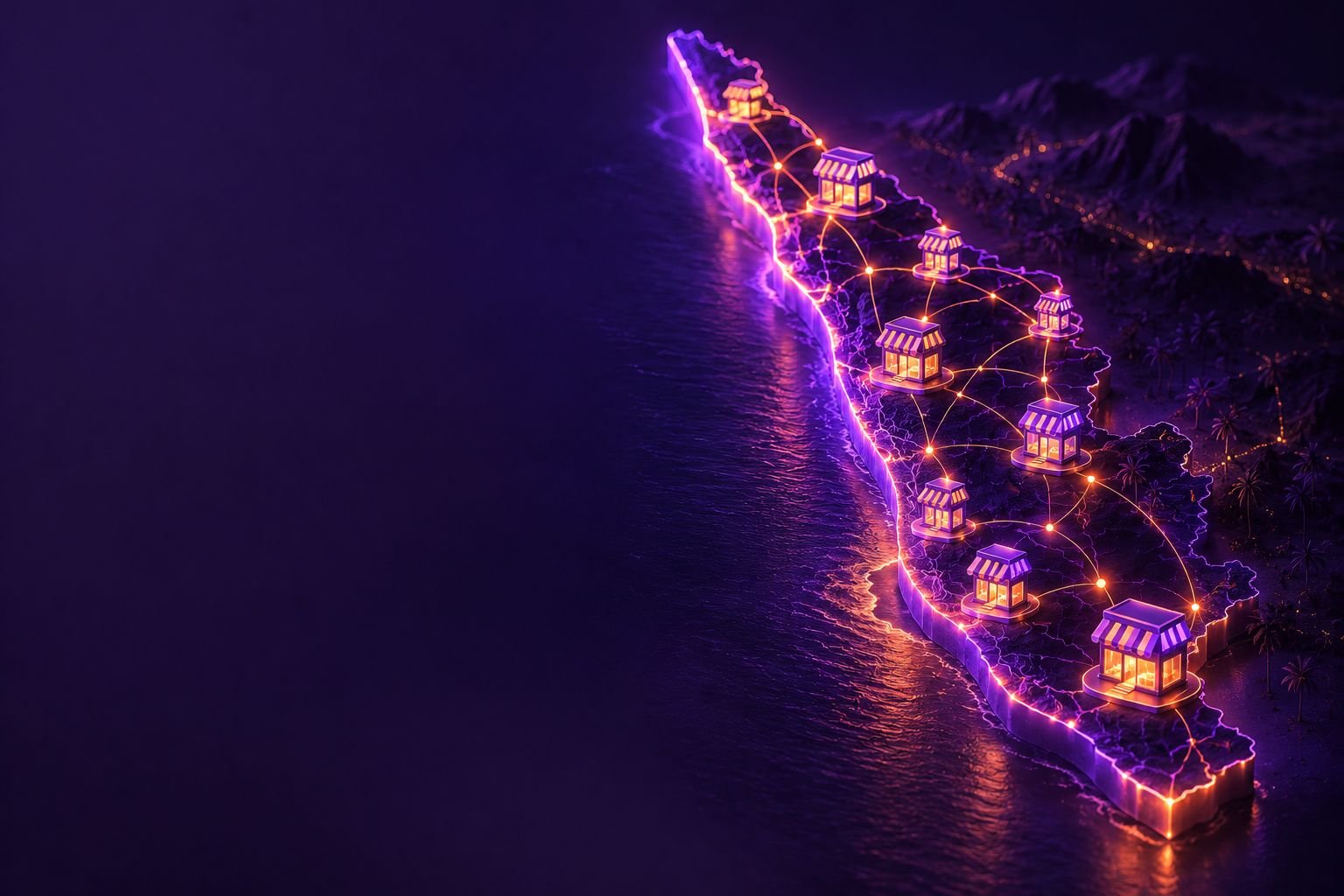 Network of storefronts connected along a glowing coastline map