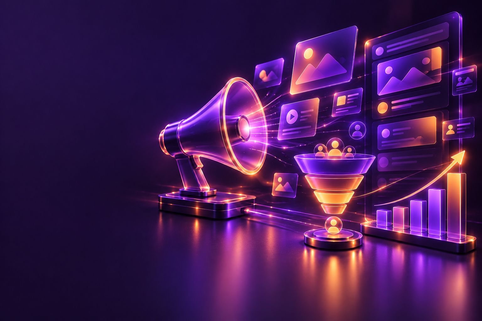 Megaphone, ad cards, marketing funnel and rising growth chart