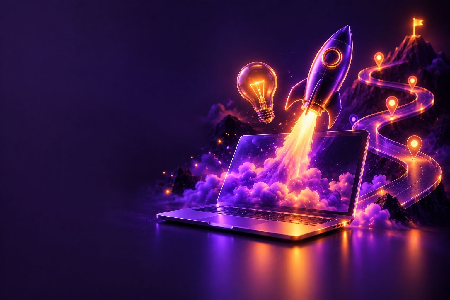 Rocket launching from a laptop beside a lightbulb and a roadmap
