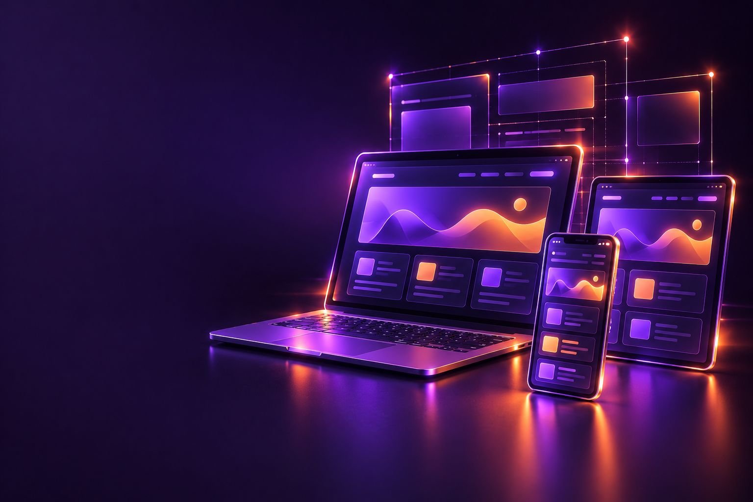 Laptop, tablet and phone showing the same responsive website layout